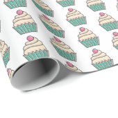 かわいいピンクと緑のカップケーキと赤さくらんぼ ラッピングペーパー (ロールコーナー)