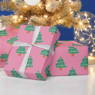 かわいいピンクと緑のクリスマスツリーパターン ラッピングペーパー