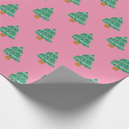 かわいいピンクと緑のクリスマスツリーパターン ラッピングペーパー (角)