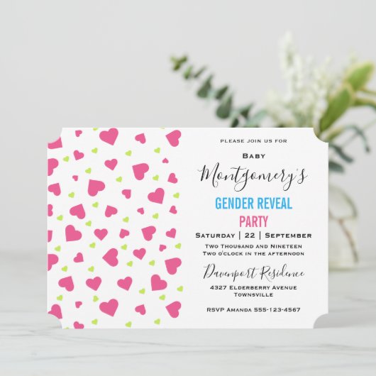 かわいいピンクと緑のハートパターン性別の表示 招待状 (スタンド正面)