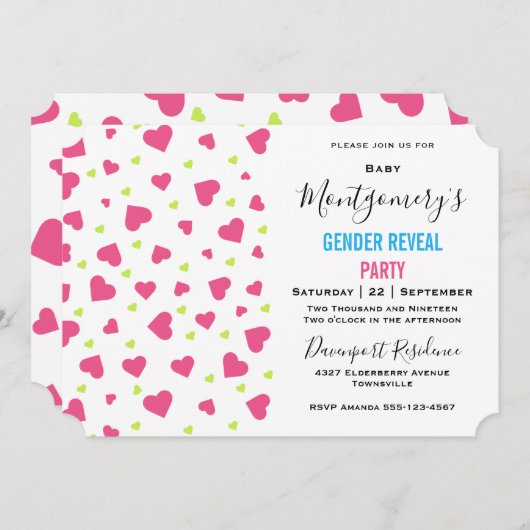 かわいいピンクと緑のハートパターン性別の表示 招待状 (正面/裏面)