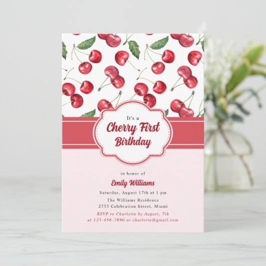 かわいいピンクと赤のさくらんぼ第1誕生日 招待状 (スタンド正面)