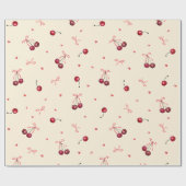 かわいいピンクと赤のさくらんぼ ハート型 リボン クリーム ラッピングペーパー (フラット)