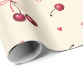 かわいいピンクと赤のさくらんぼ ハート型 リボン クリーム ラッピングペーパー (ロールコーナー)