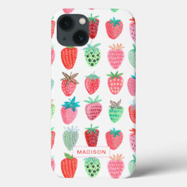 かわいいピンクと赤のイチゴの夏のフルーツパターン iPhone 13ケース