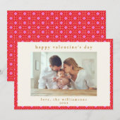 かわいいピンクと赤のカスタムファミリーフォトバレンタインデー シーズンカード (正面/裏面)
