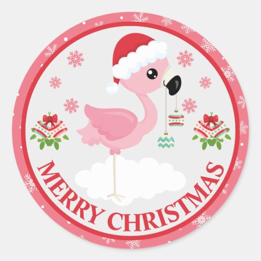 かわいいピンクと赤のクリスマスフラミンゴの冬 ラウンドシール (正面)