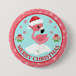 かわいいピンクと赤のクリスマスフラミンゴの冬 缶バッジ