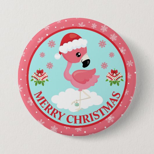 かわいいピンクと赤のクリスマスフラミンゴの冬 缶バッジ (正面)