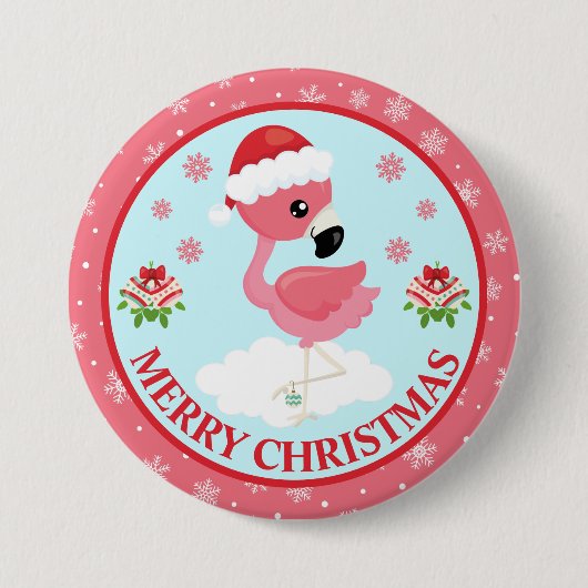 かわいいピンクと赤のクリスマスフラミンゴの冬 缶バッジ (正面)