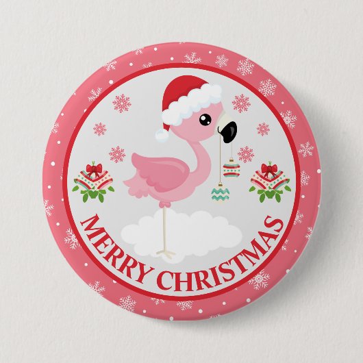 かわいいピンクと赤のクリスマスフラミンゴの冬 缶バッジ (正面)