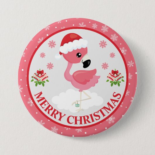 かわいいピンクと赤のクリスマスフラミンゴの冬 缶バッジ (正面)