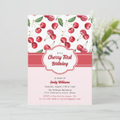かわいいピンクと赤のチェリーのファーストバースデー 招待状 (スタンド正面)