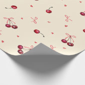 かわいいピンクと赤のチェリー ハート リボン クリーム ラッピングペーパー (角)