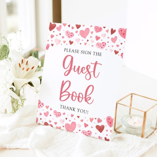 かわいいピンクと赤のハートのバレンタインゲストブックサイン 台座サイン