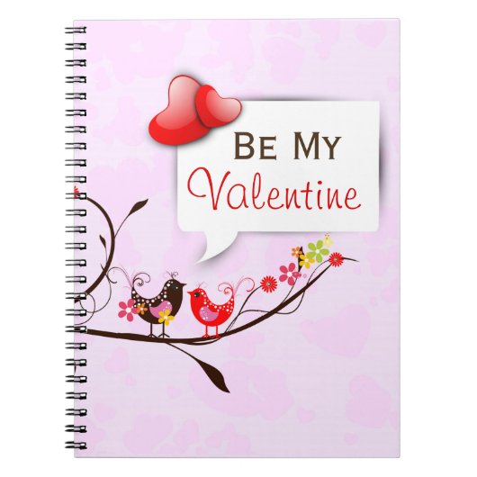 かわいいピンクと赤のバレンタインが大好き鳥 ノートブック (正面)