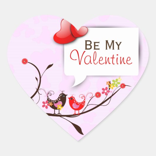 かわいいピンクと赤のバレンタインが大好き鳥 ハートシール (正面)