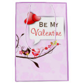 かわいいピンクと赤のバレンタインが大好き鳥 ミディアムペーパーバッグ (正面)