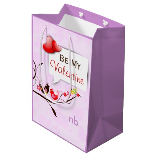 かわいいピンクと赤のバレンタインが大好き鳥 ミディアムペーパーバッグ (裏面アングル)