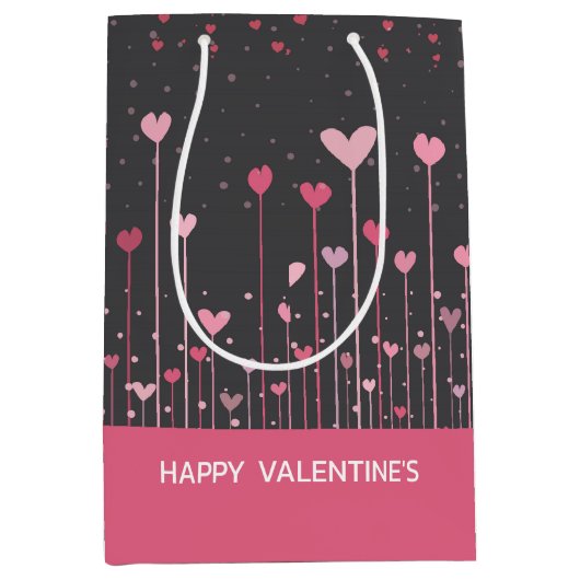 かわいいピンクと赤のバレンタインのハート ミディアムペーパーバッグ (正面)