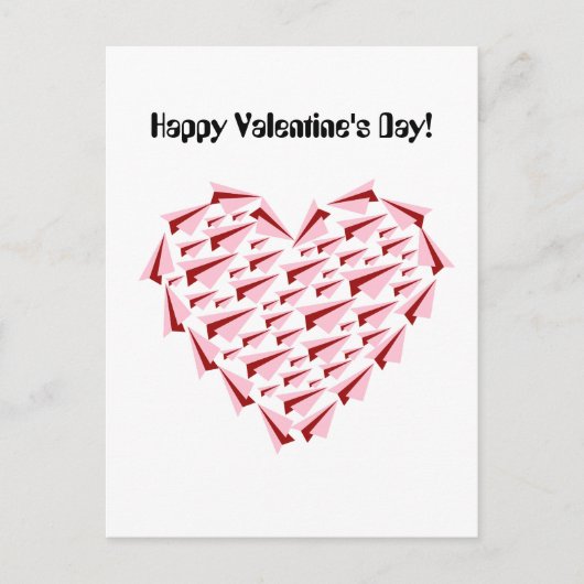 かわいいピンクと赤の紙飛行機のハート型バレンタインデーのカード シーズンポストカード (正面)
