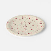 かわいいピンクと赤の蝶結び チェリー ハート モノグラム付き ペーパープレート (アングル)