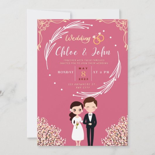 かわいいピンクと金ゴールドチビ(小さくかわいく書いた感じ)カップルの結婚テーマ 招待状 (正面)