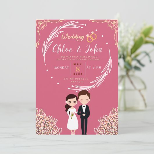かわいいピンクと金ゴールドチビ（小さくかわいく書いた感じ）カップルの結婚テーマ 招待状 (スタンド正面)