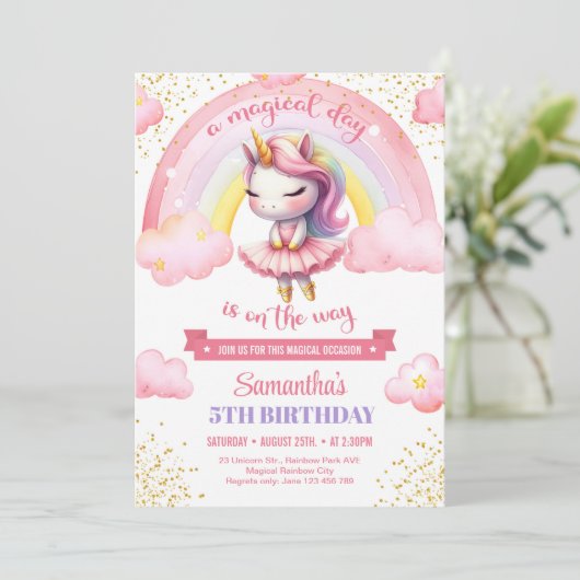 かわいいピンクと金ゴールドユニコーンバレリーナの女の子の誕生日 招待状 (スタンド正面)