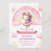 かわいいピンクと金ゴールドユニコーンバレリーナの女の子の誕生日 招待状 (正面/裏面)