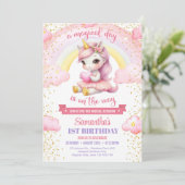 かわいいピンクと金ゴールドユニコーンバレリーナ1ST誕生日 招待状 (スタンド正面)