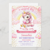 かわいいピンクと金ゴールドユニコーンバレリーナ1ST誕生日 招待状 (正面/裏面)