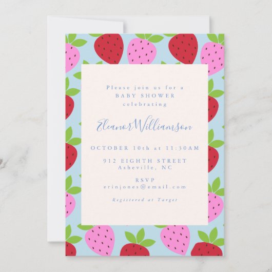 かわいいピンクと青いちごフルーツ赤ちゃんシャワー 招待状 (正面)