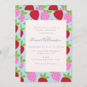 かわいいピンクと青いちごフルーツ赤ちゃんシャワー 招待状 (正面/裏面)