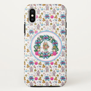 かわいいピンクと青のクリスマスナッツクラッカーリース iPhone X ケース