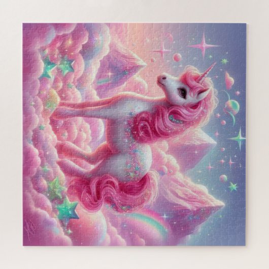 かわいいピンクと青のユニコーングリッター明るい ジグソーパズル (横)