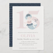 かわいいピンクと青の人魚の15歳の誕生日招待状 サンキューカード (正面/裏面)