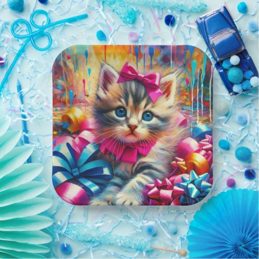 かわいいピンクと青の子猫ガールズ誕生日 ペーパープレート (パーティー)