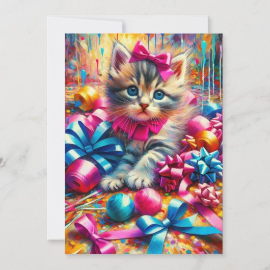 かわいいピンクと青の子猫ガールズ誕生日 招待状 (正面)