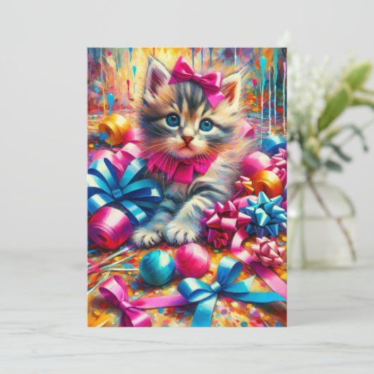 かわいいピンクと青の子猫ガールズ誕生日 招待状 (スタンド正面)