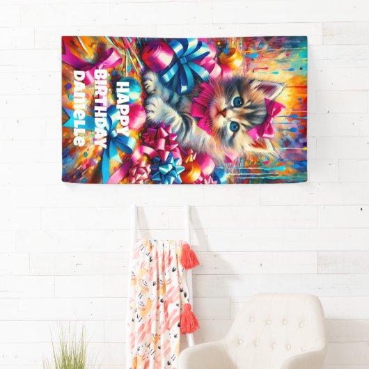 かわいいピンクと青の子猫ガールズ誕生日 横断幕 (インサイチュ)