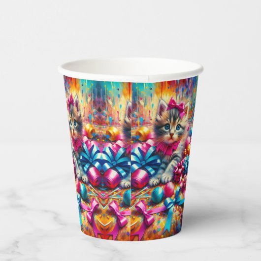 かわいいピンクと青の子猫ガールズ誕生日 紙コップ (右)