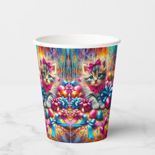 かわいいピンクと青の子猫ガールズ誕生日 紙コップ (正面)