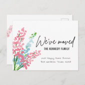 かわいいピンクと青の水彩の花引っ越しました 案内ポストカード (正面/裏面)