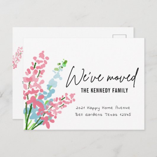 かわいいピンクと青の水彩の花引っ越しました 案内ポストカード (正面/裏面)