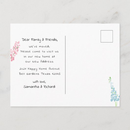 かわいいピンクと青の水彩の花引っ越しました 案内ポストカード (裏面)