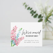 かわいいピンクと青の水彩の花引っ越しました 案内ポストカード (スタンド正面)