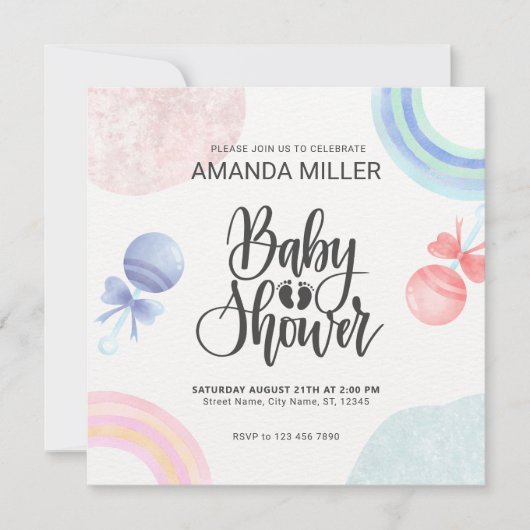かわいいピンクと青の水色ベビーシャワー招待状 招待状 (正面)