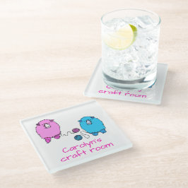 かわいいピンクと青の羊、クラフトルームパーソナライズされた、 ガラスコースター