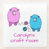 かわいいピンクと青の羊、クラフトルームパーソナライズされた、 ガラスコースター (正面)